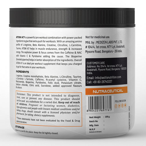 ATOM A7 Pre-workout with Caffeine, L-arginine, Creatine, Beta-alanine | Watermelon Flavour