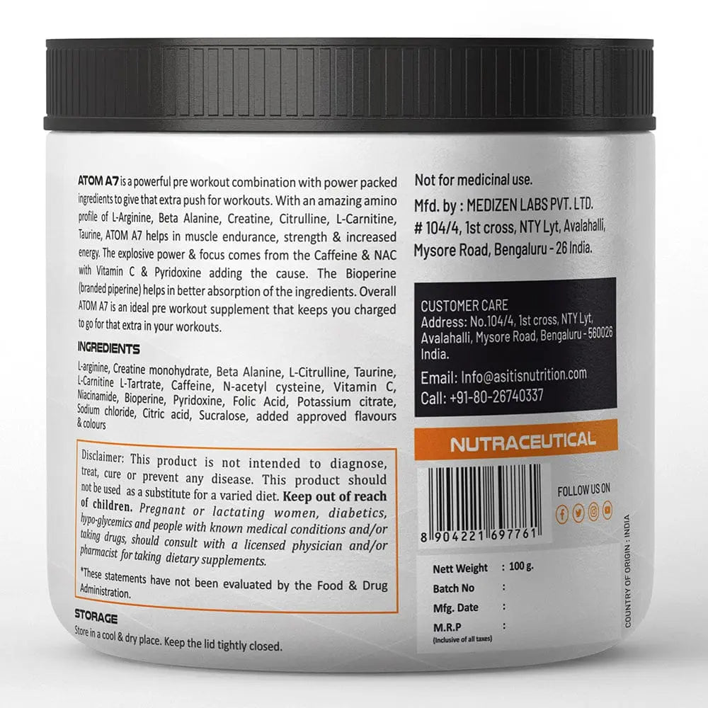 ATOM A7 Pre-workout with Caffeine, L-arginine, Creatine, Beta-alanine | Watermelon Flavour