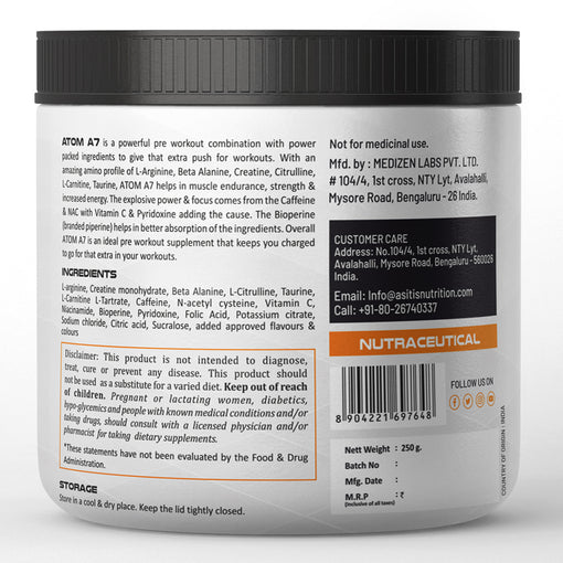 ATOM A7 Pre-workout with Caffeine, L-arginine, Creatine, Beta-alanine | Watermelon Flavour