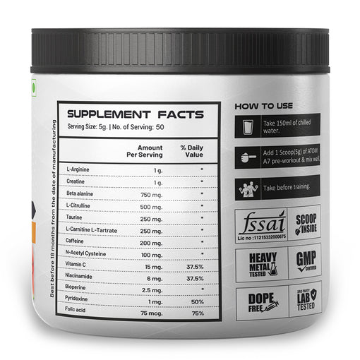ATOM A7 Pre-workout with Caffeine, L-arginine, Creatine, Beta-alanine | Watermelon Flavour