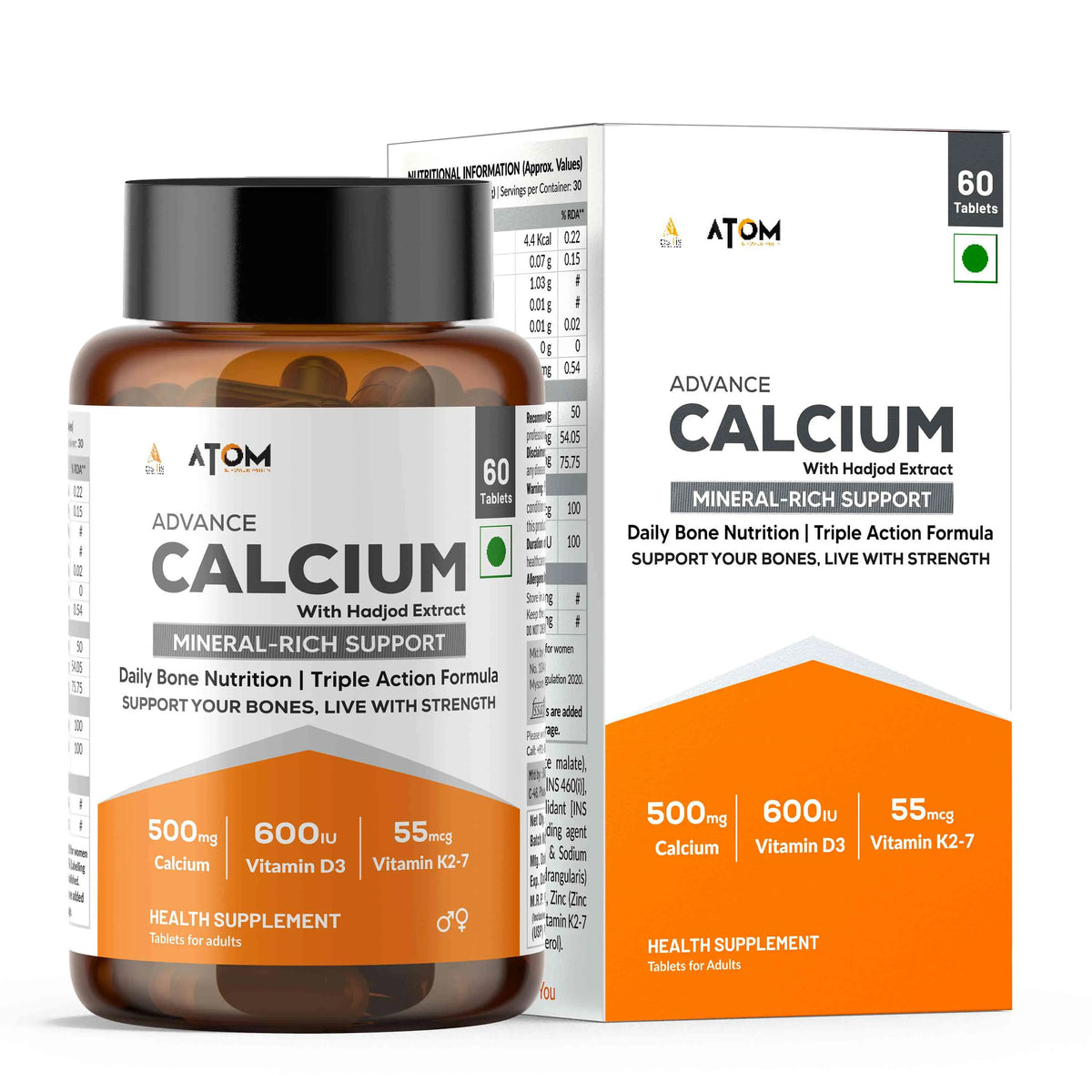 AS-IT-IS ATOM Advance Calcium | 500mg Calcium Citrate Malate per Serving | With Vitamin D3, K2-7 & Hadjod | 60 Veg Tablets