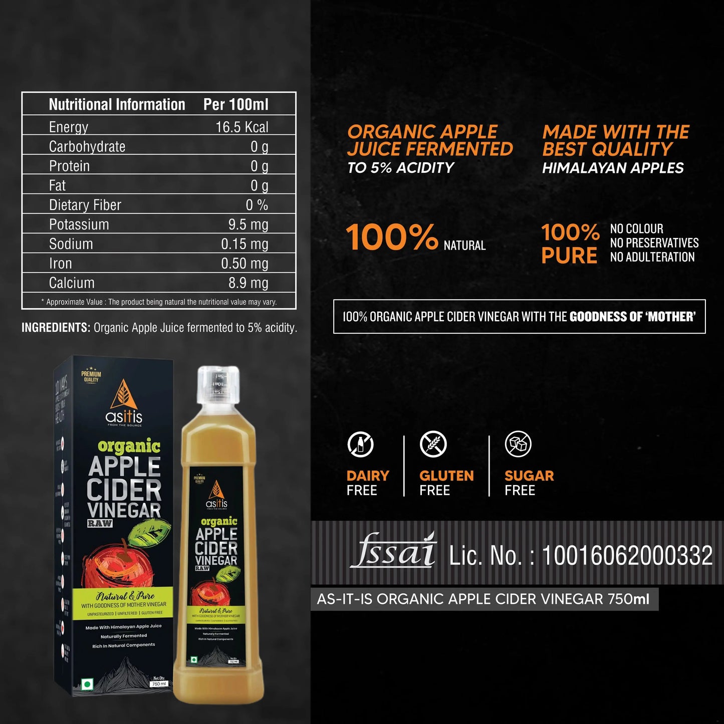 AS-IT-IS Organic Apple Cider Vinegar with Mother -  Raw & Unpasteurized - 750ml