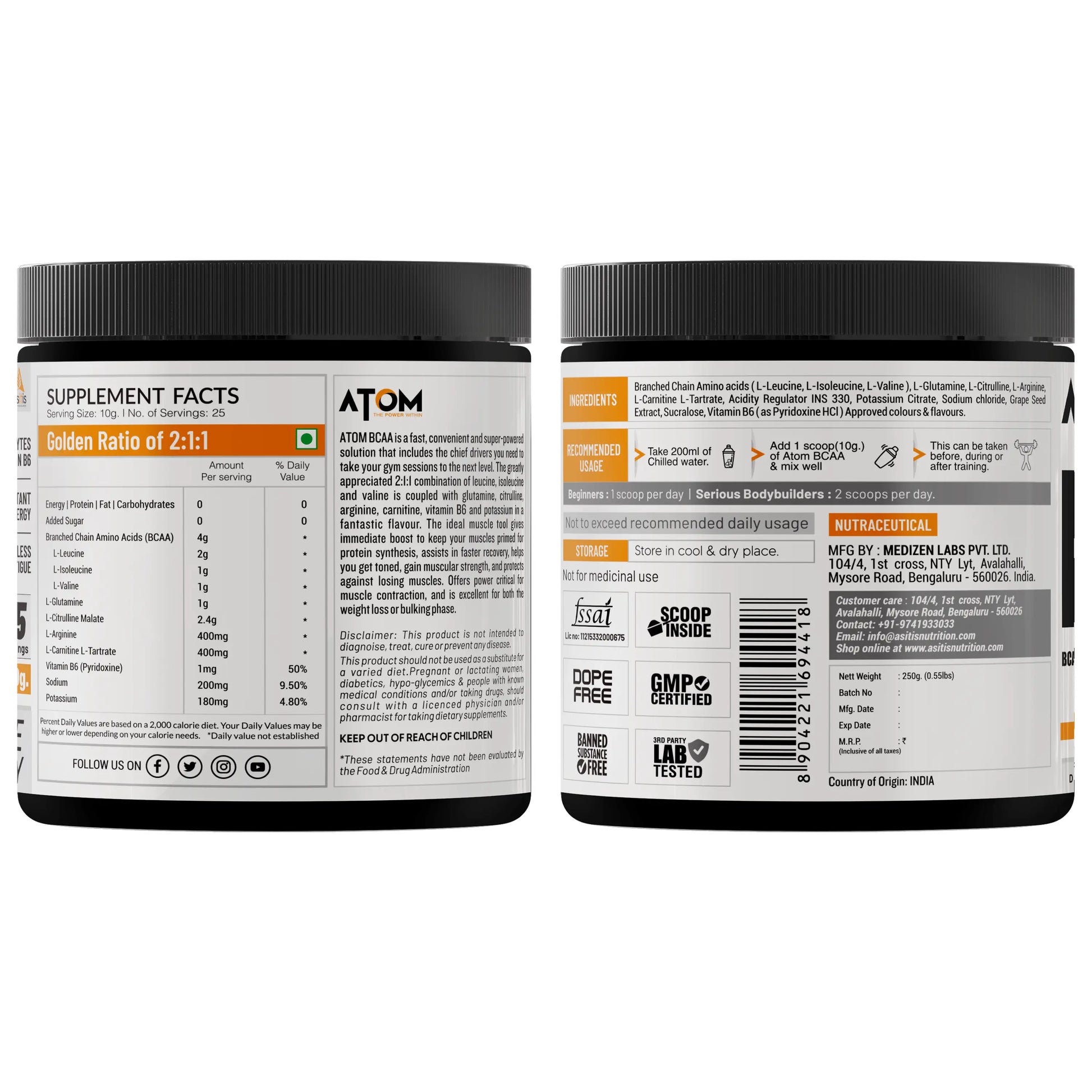 ATOM BCAA 250g with L-arginine, L-Carnitine, L-Citrulline  AS-IT-IS  Nutrition