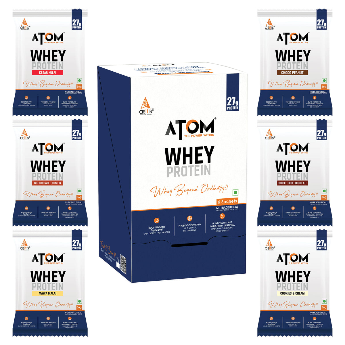 ATOM Whey Protein Sachets | 27g Protein | Pack of 6 – AS-IT-IS Nutrition