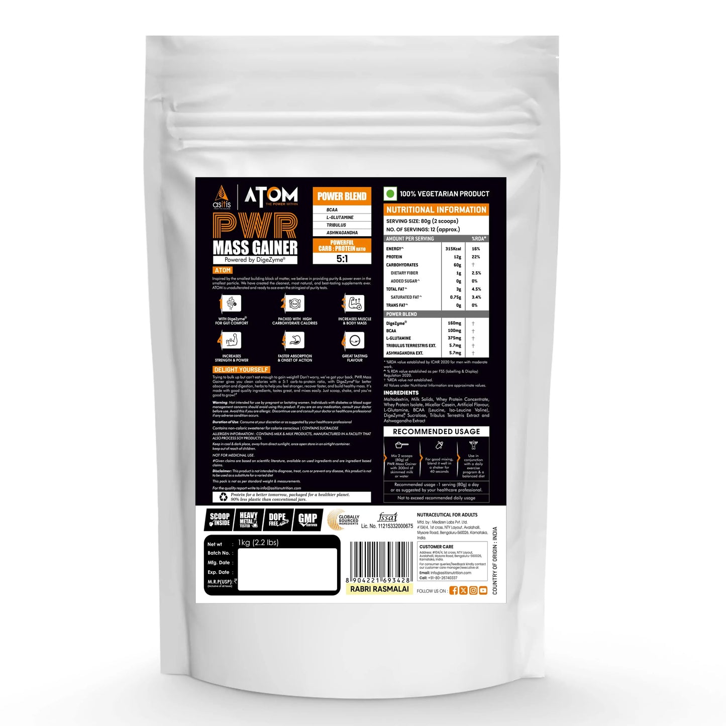 ATOM PWR Mass Gainer with BCAA, L-Glutamine, Tribulus, Ashwagandha