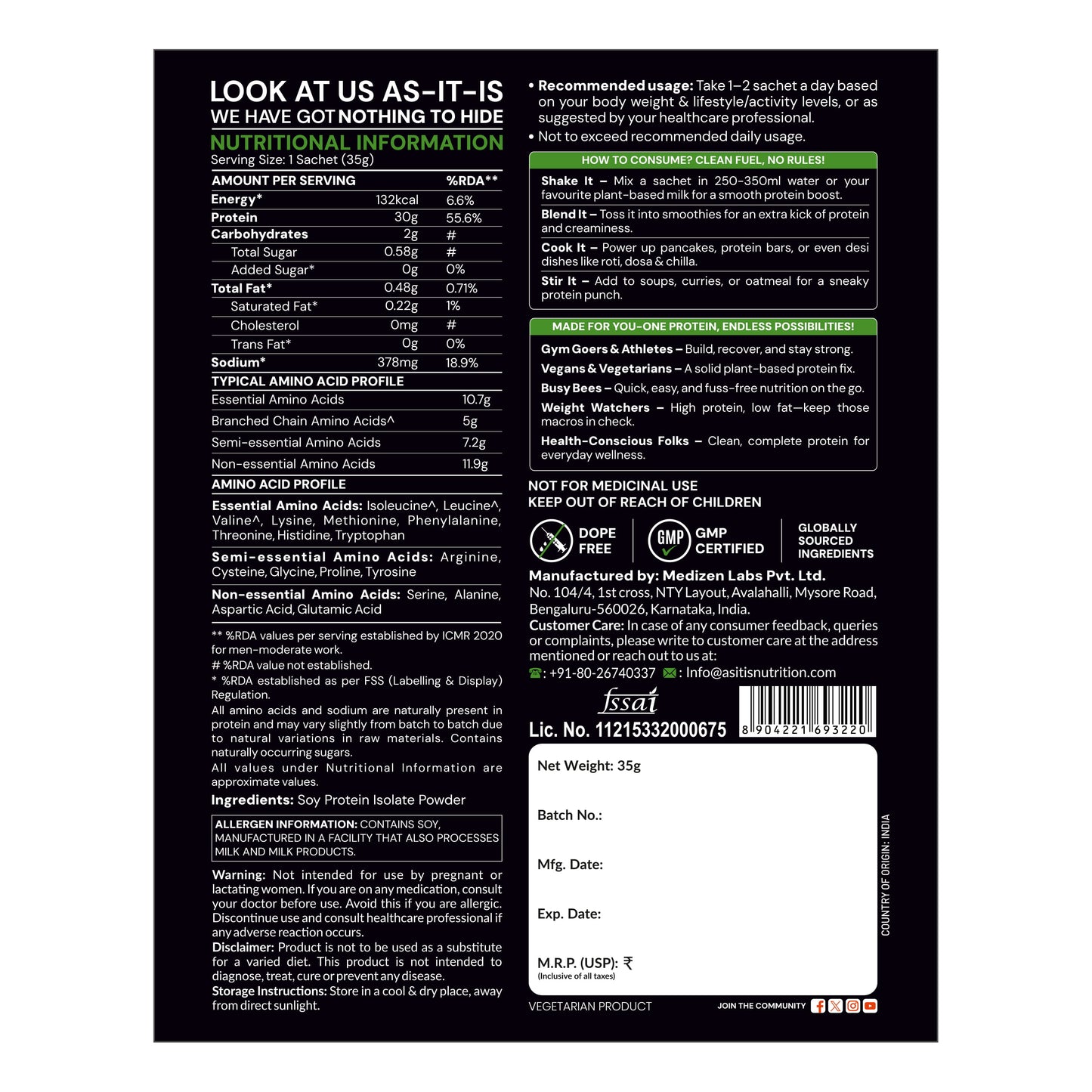 AS-IT-IS Soy Protein Isolate - Vegan Protein Source Designed as Meal Supplement