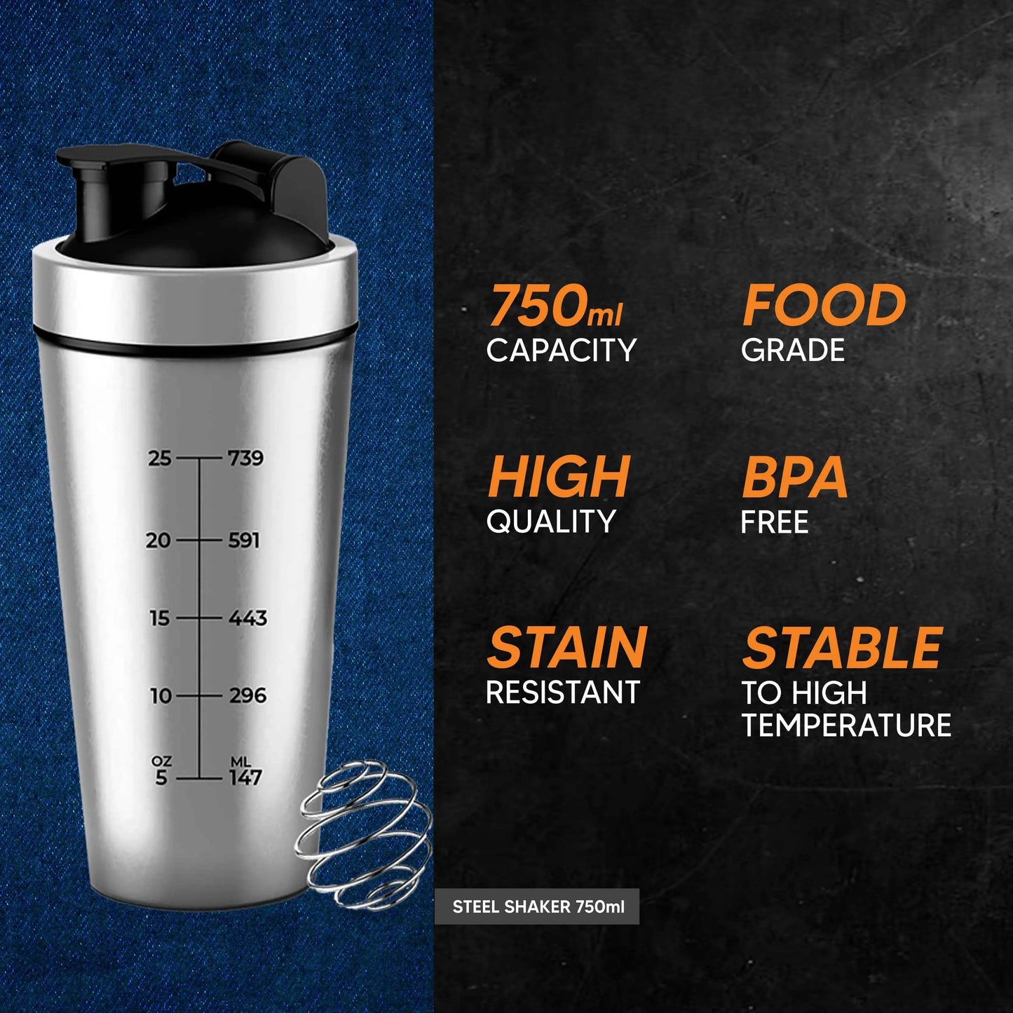 ATOM Steel Protein Shaker for Workout - 750ml