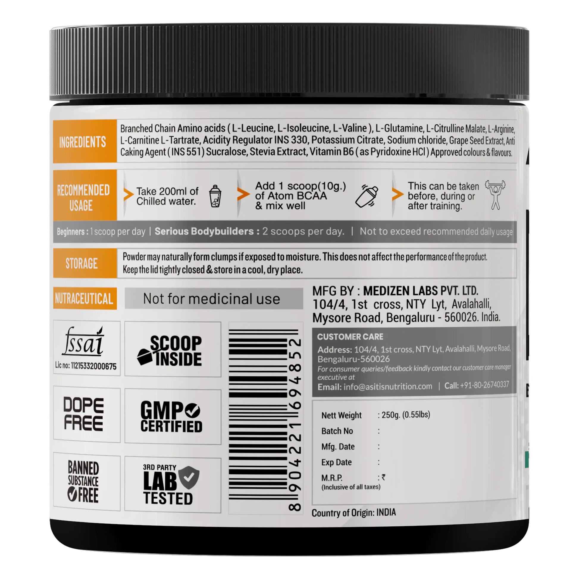 ATOM BCAA 250g with L-arginine, L-Carnitine, L-Citrulline – AS-IT-IS  Nutrition