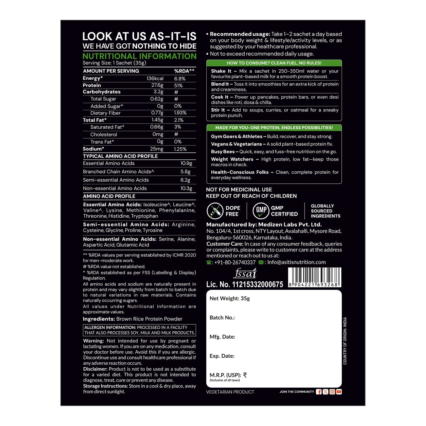 AS-IT-IS Brown Rice Protein 80% - Vegan Protein Source Designed as Meal Supplement