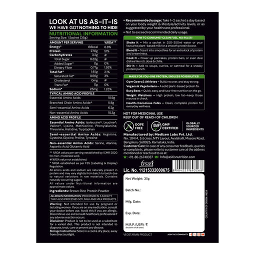 AS-IT-IS Brown Rice Protein 80% - Vegan Protein Source Designed as Meal Supplement