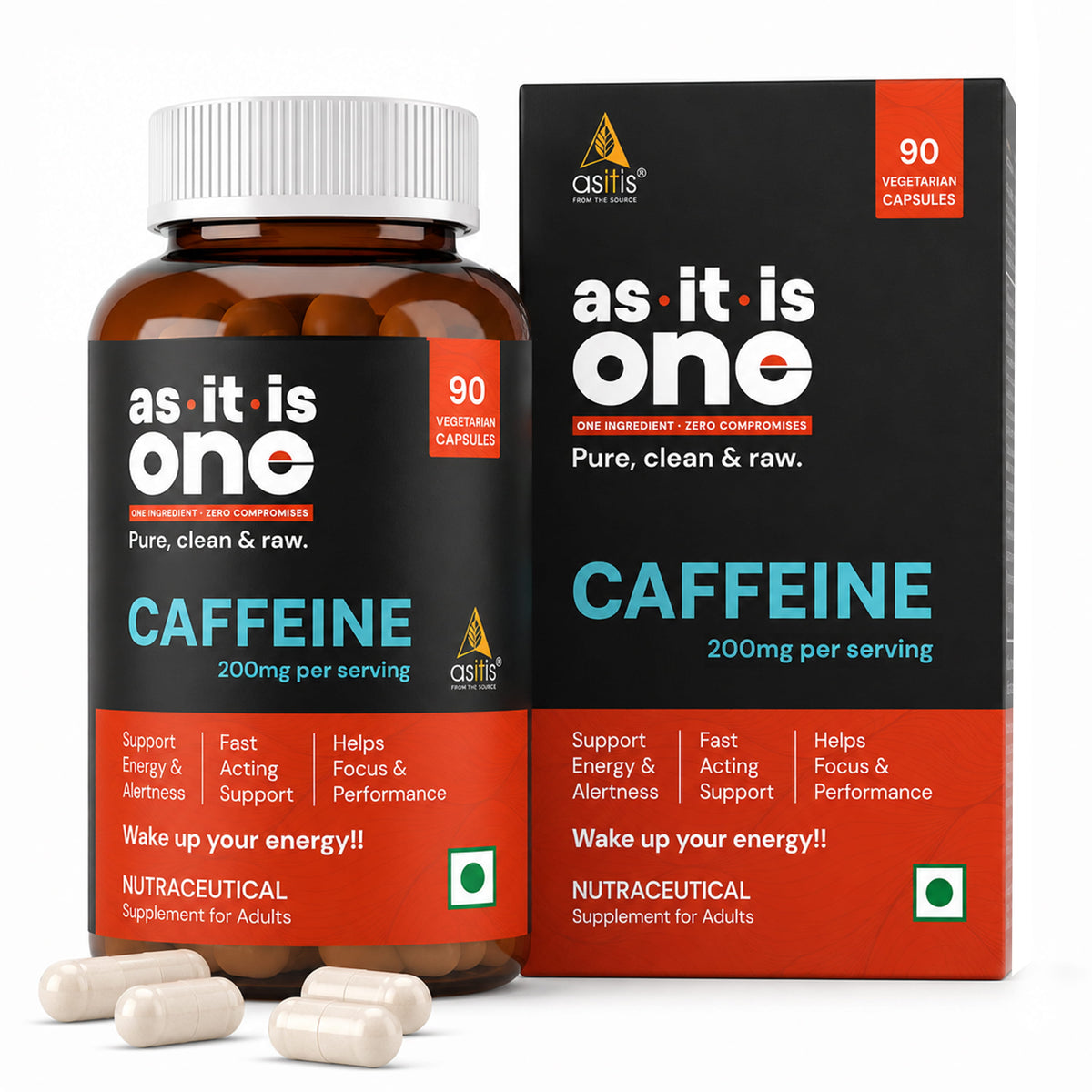 AS-IT-IS ONE Caffeine Capsules | 200mg Caffeine per Serving | 60 & 90 Capsules | Single Active Ingredient - 90 Capsules
