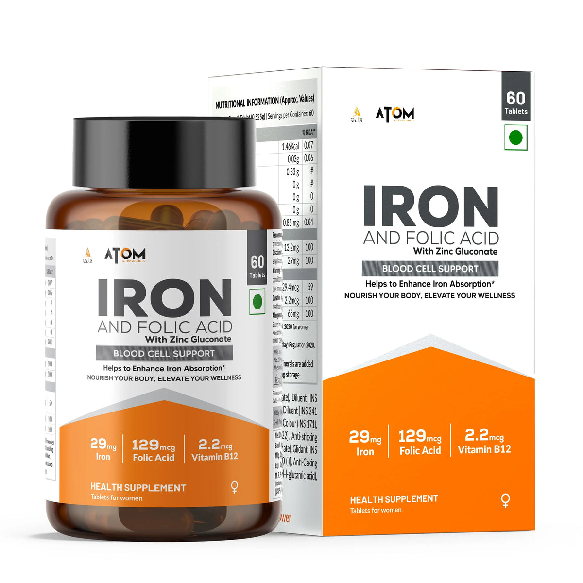 AS-IT-IS ATOM Iron & Folic Acid | 29mg Iron, 129mcg Folic Acid, 65mg Vitamin C | 60 Veg Tablets