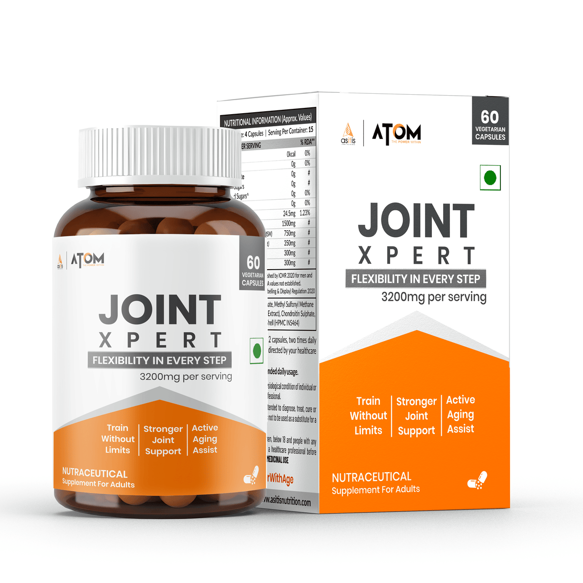 AS-IT-IS ATOM Joint Xpert | 1500mg Glucosamine, 750mg MSM, 350mg Boswellia per Serving | With Chondroitin & Curcumin | 60 Capsules