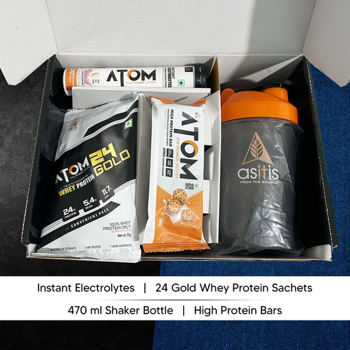 AS-IT-IS ATOM Passport to Fitness, Beginners Kit with Whey Protein, Electrolyte Effervescent, Shaker, Protein Bars - Combo Pack