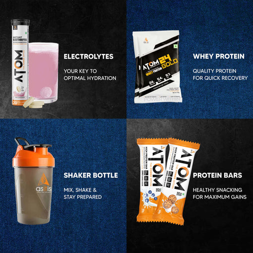 AS-IT-IS ATOM Passport to Fitness, Beginners Kit with Whey Protein, Electrolyte Effervescent, Shaker, Protein Bars - Combo Pack