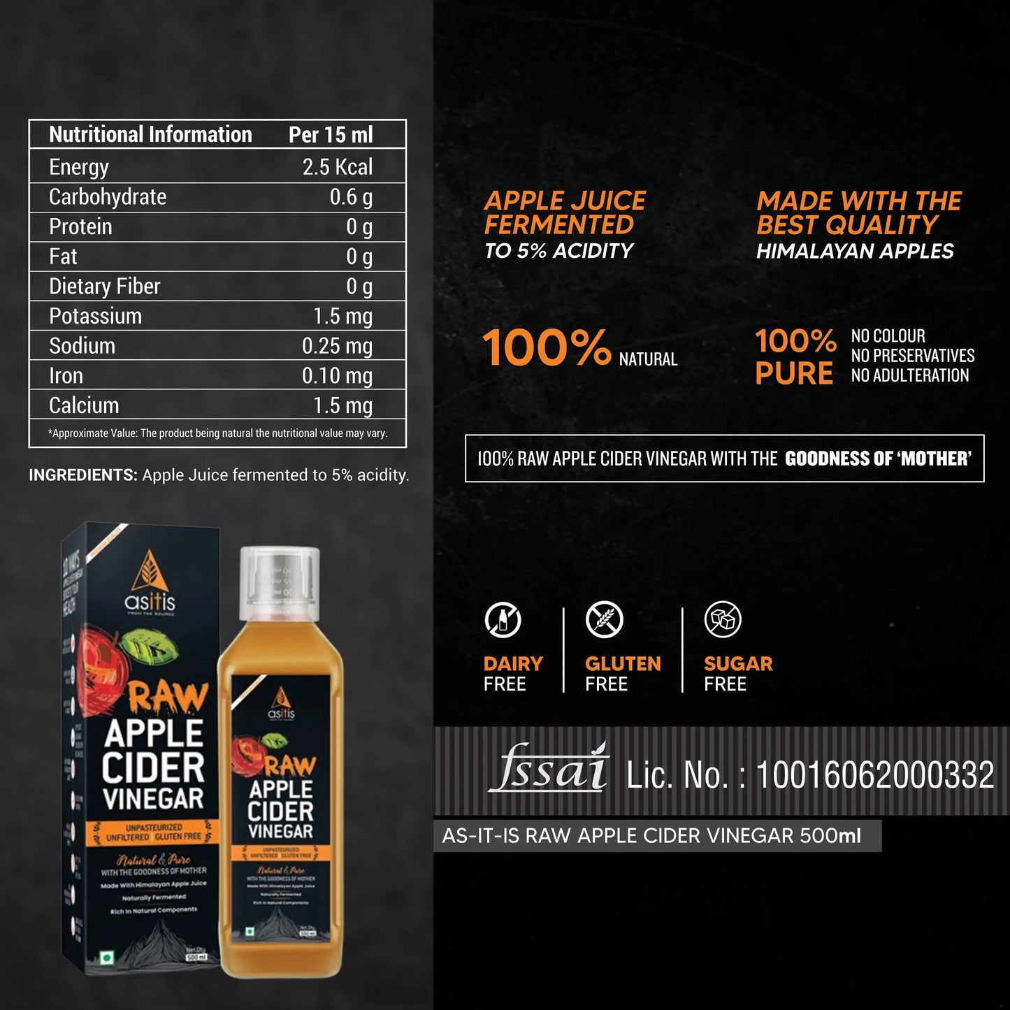 AS-IT-IS Raw Apple Cider Vinegar With Mother : Unfiltered & Undiluted - 500ml