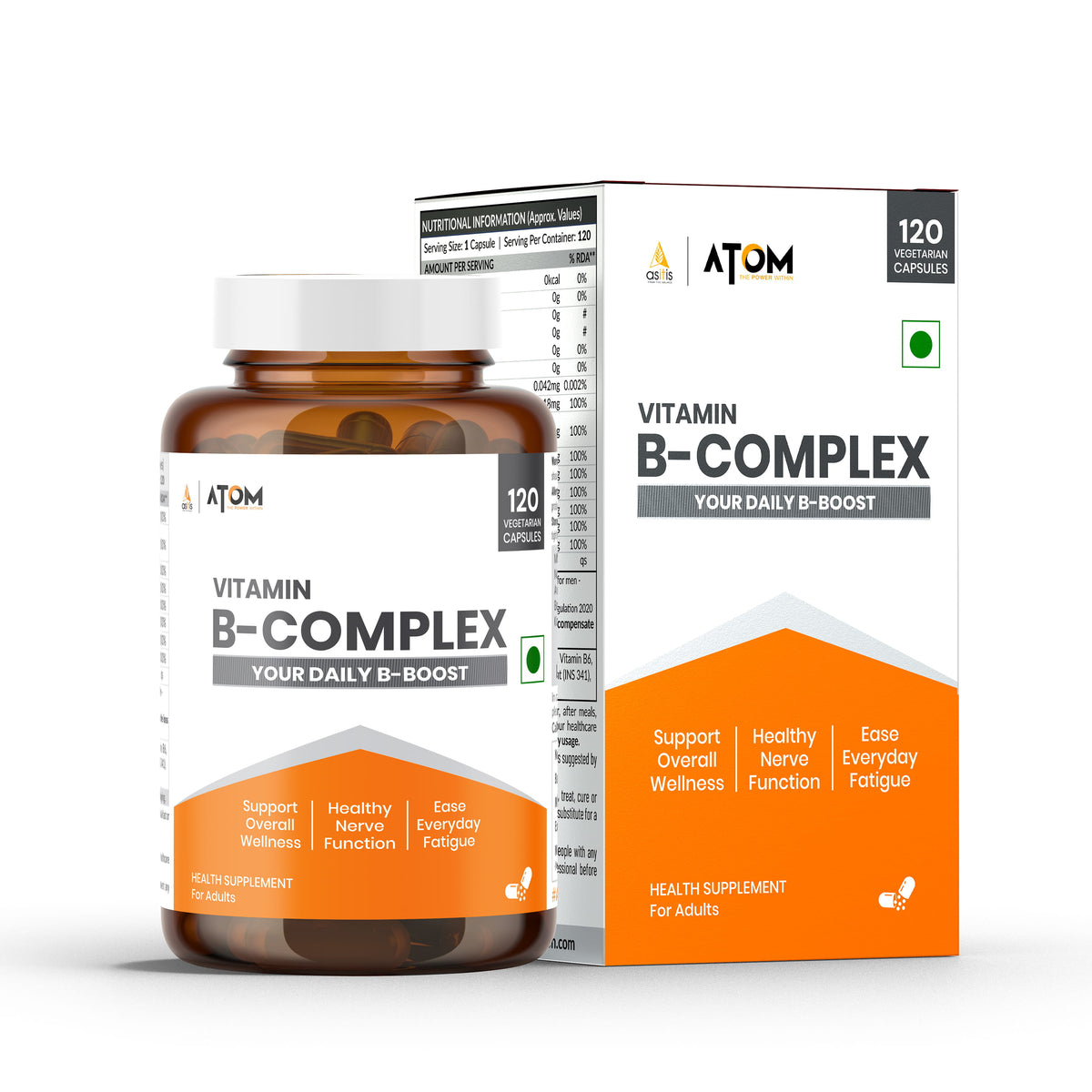 AS-IT-IS ATOM Vitamin B Complex | All 8 B Vitamins at 100% RDA | 120 Capsules
