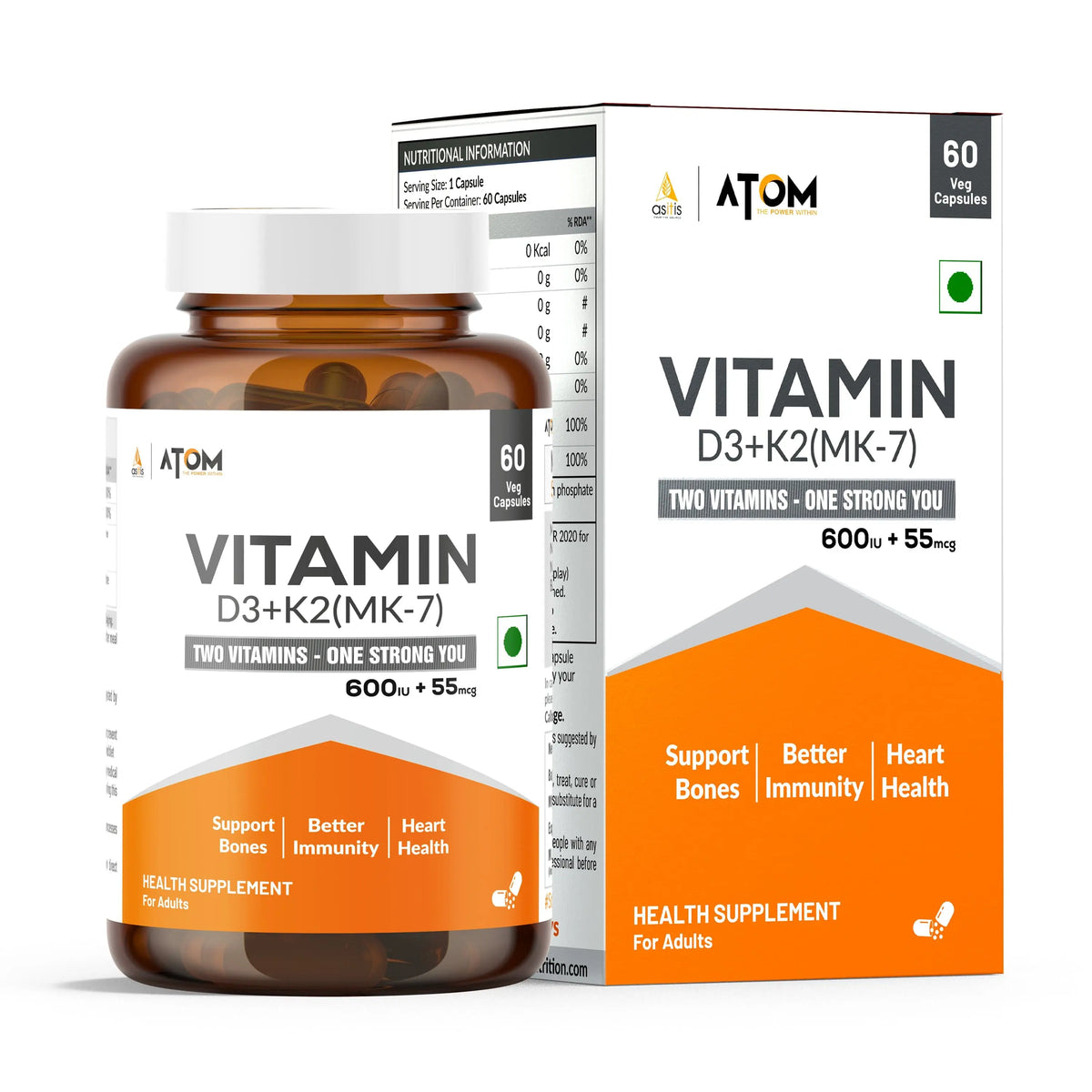 AS-IT-IS ATOM Vitamin D3 & K2 | 600 IU Vitamin D3, 55mcg K2 MK-7 per Capsule | 60 Veg Capsules
