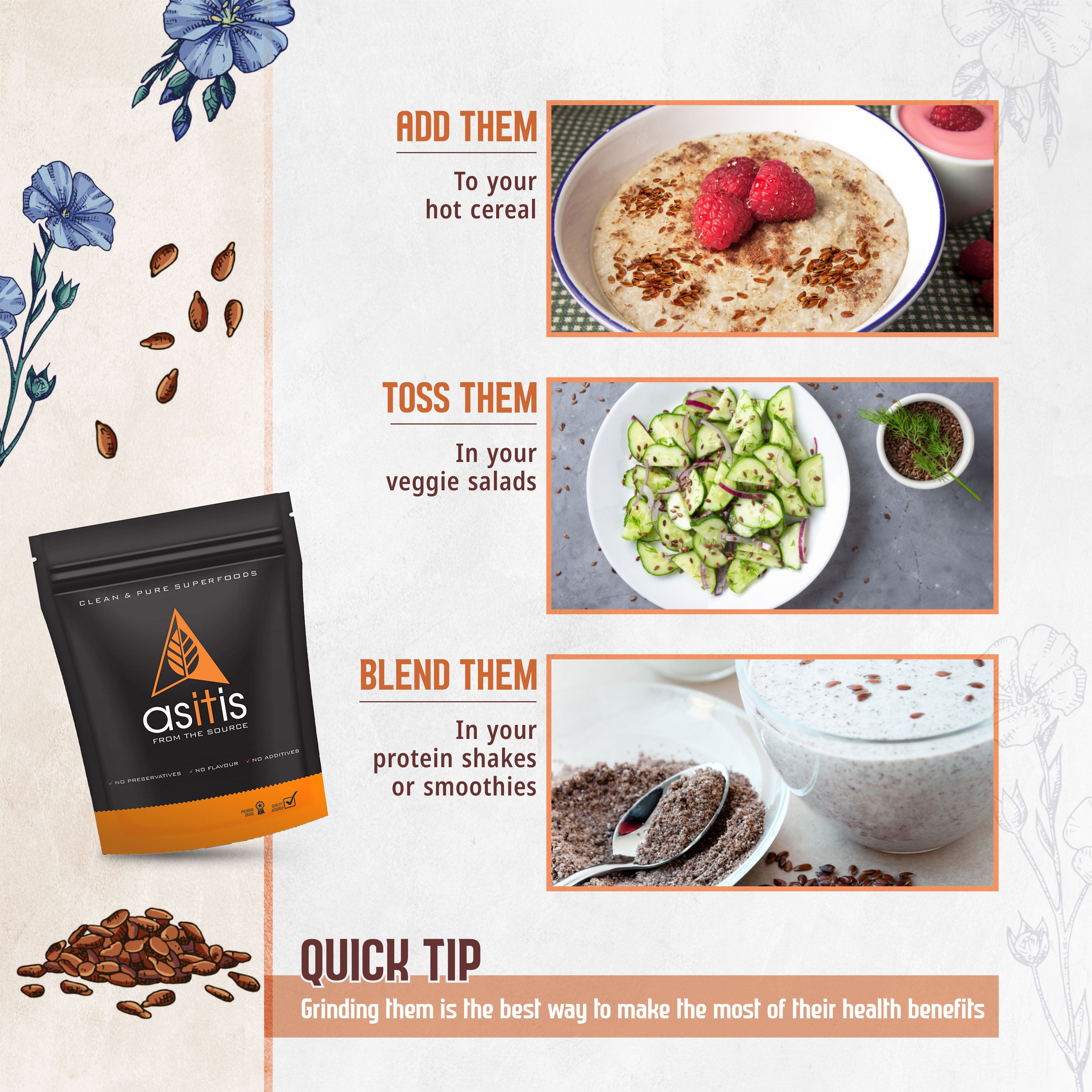 Buy Organic Flax Seeds Online - 600g | Excellent Vegan Source Of Omega-3s | Antioxidant-Rich | Fibre-Rich | Nutritious - AS-IT-IS Nutrition