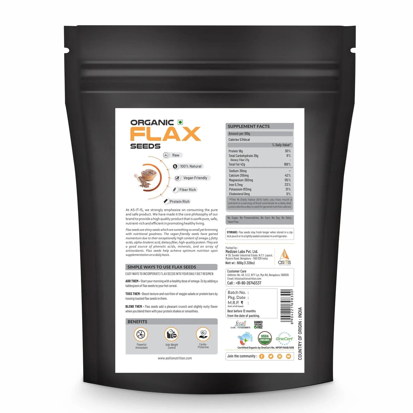 AS-IT-IS Organic Flax Seeds - Excellent Vegan Source of Omega 3s - 600g