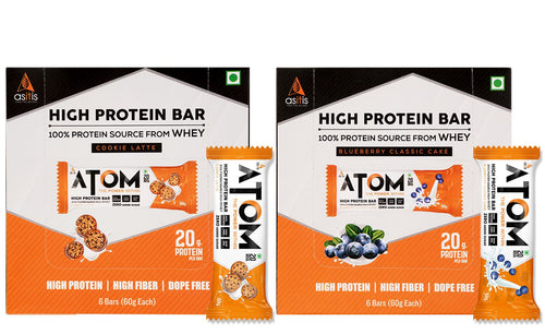 ATOM High Protein Bar | 20g Protein | Combo of Cookie Latte & Blueberry Classic Cake (60g x 12)