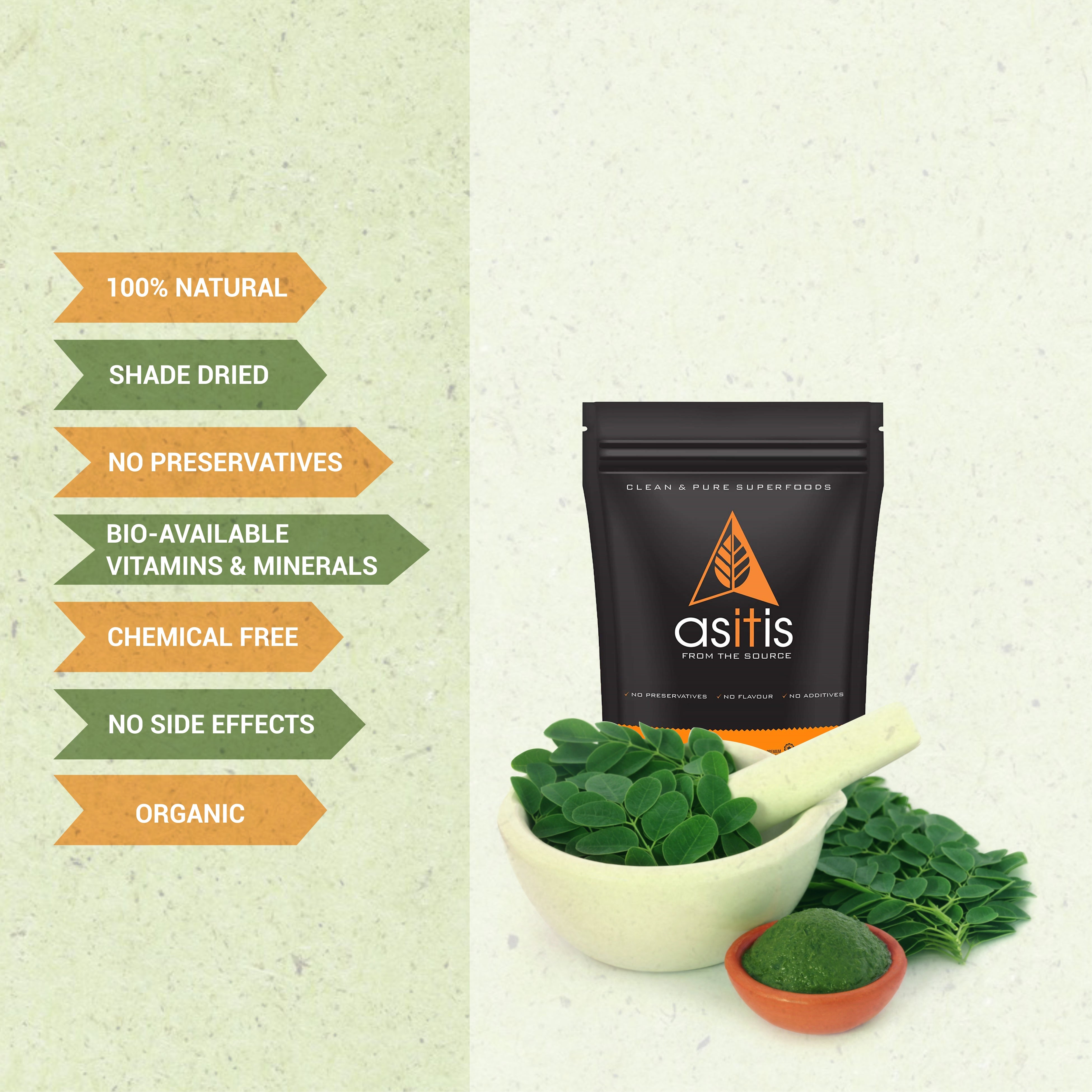 AS-IT-IS Organic Moringa Leaves Powder - 250g | 100% Pure & Natural | Highly Nutritious | Natural Energy Boost | Raw Superfood | Sun Dried | Great in Green Drinks & Smoothies - AS-IT-IS Nutrition